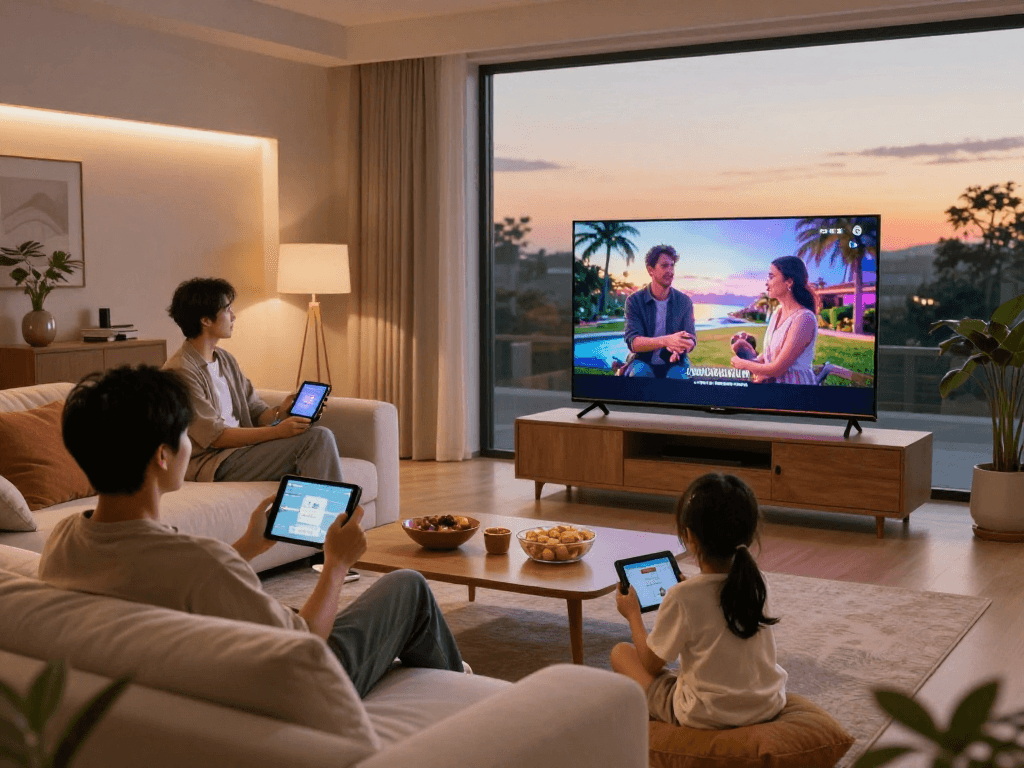 Famille profitant du streaming avec Iron tv pro sur grand écran dans un salon confortable.