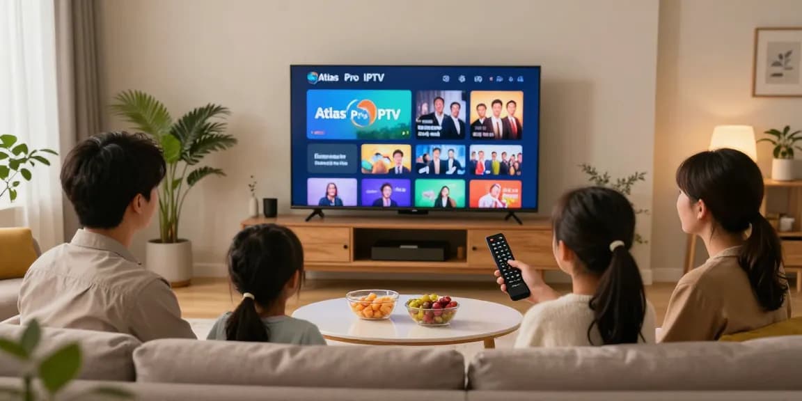 Service IPTV Atlas Pro en famille dans un salon moderne, écran affichant des films et séries.
