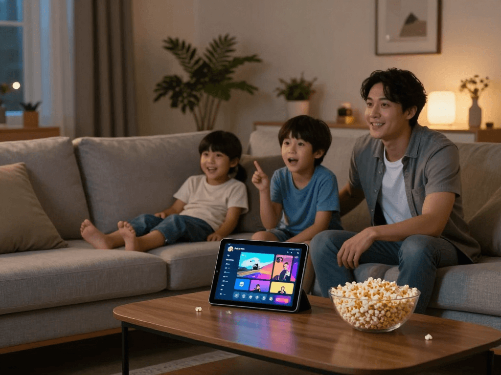 Découvrez l'application atlas pro ontv utilisée par une famille pour profiter de leurs films préférés ensemble.