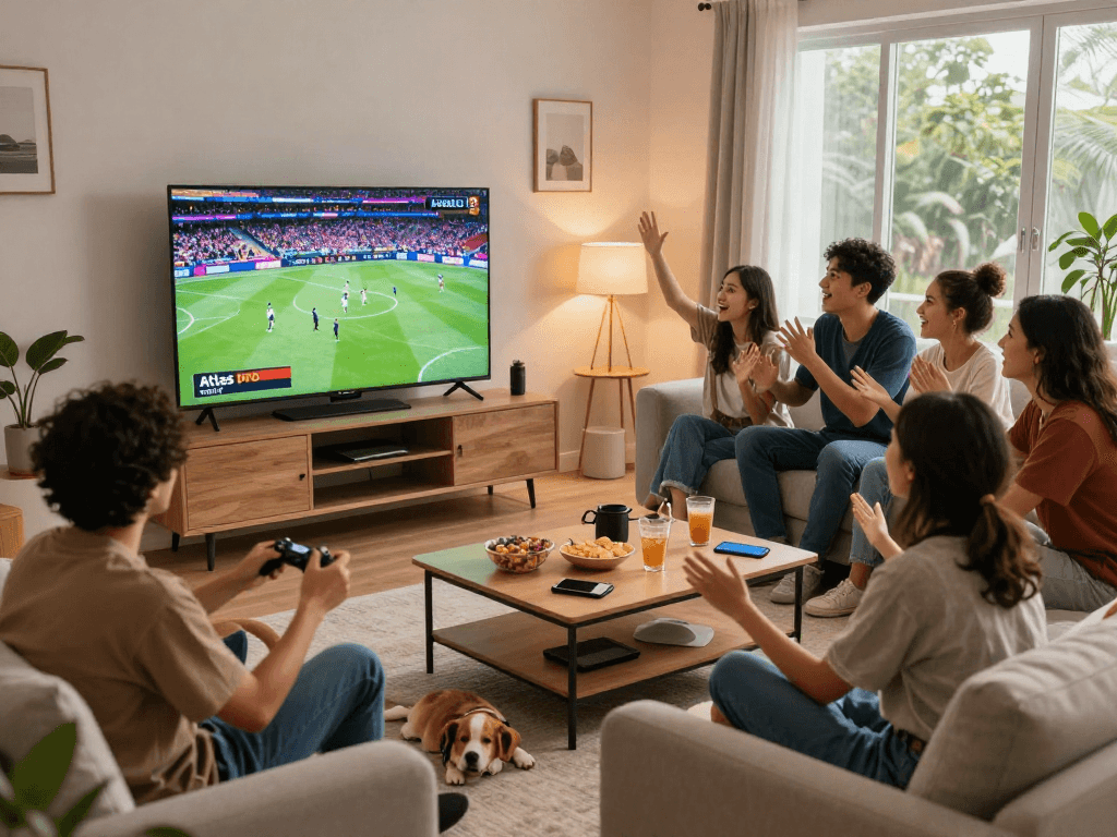 Groupe d'amis profitant d'une soirée avec Atlas pro ontv dans un salon chaleureux.