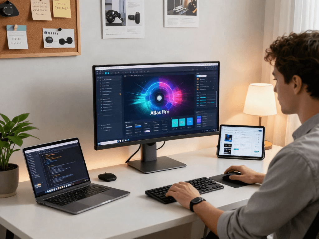 Espace de travail moderne avec une interface d'Atlas pro ontv sur un écran incurvé, créant une ambiance inspirante.