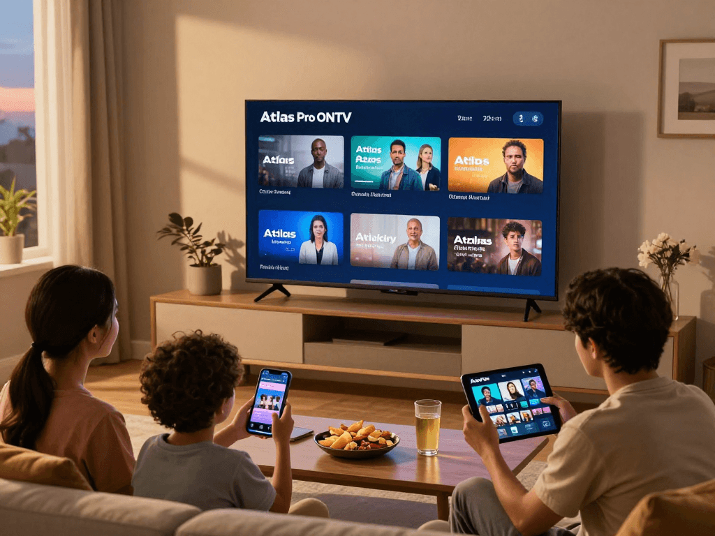Une famille profitant d'Atlas pro ontv dans un salon moderne avec un grand écran, smartphones et collations.