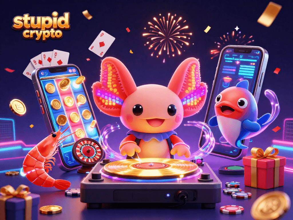 Animation dynamique de stupid casino crypto avec un DJ axolotl et des crevettes dansant.