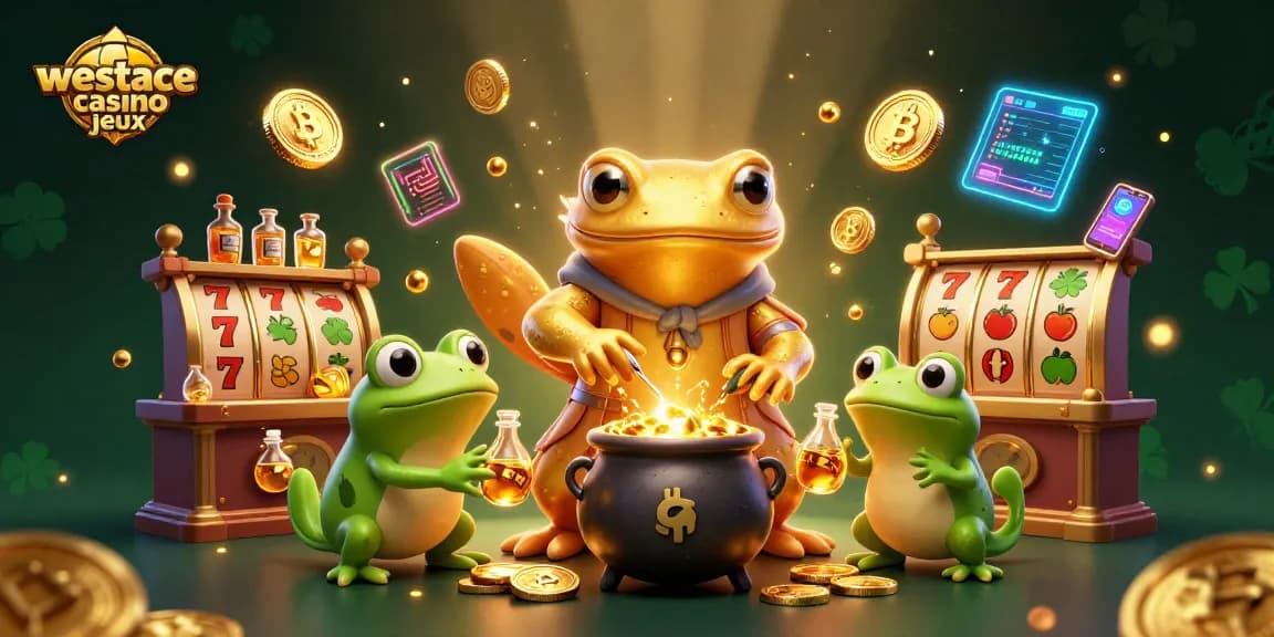 Exploration des jeux de casino Westace avec un décor de machines à sous et de serpents alchimiques.
