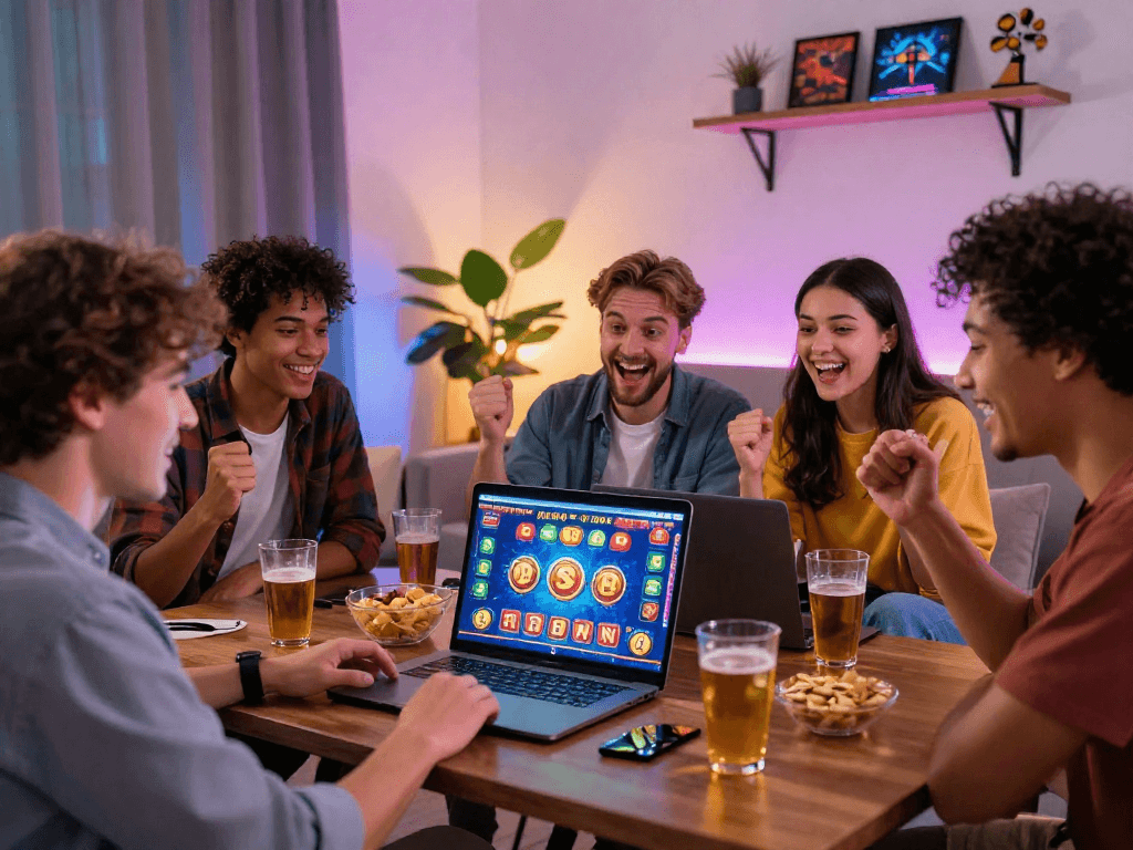 Scène festive de casino en ligne avec des amis célébrant une victoire, ambiance joyeuse et jeux visibles.