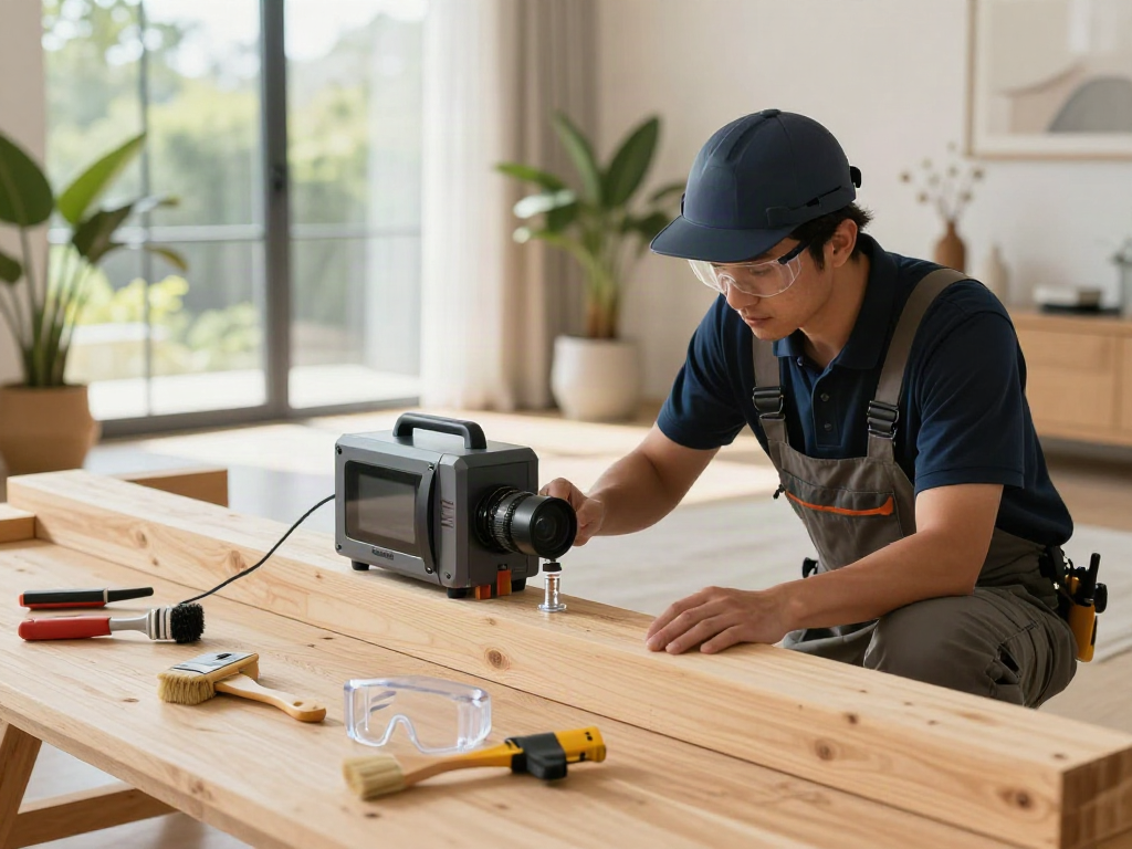 Traitement des bois avec Shashel® pour un environnement sain, professionnel inspectant des poutres en bois.
