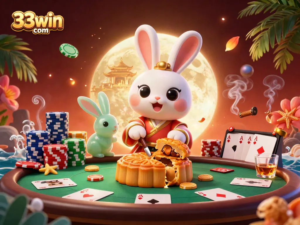 Engage in exciting poker at 33win com with vibrant moonlit illustrations of classic games and winnings.