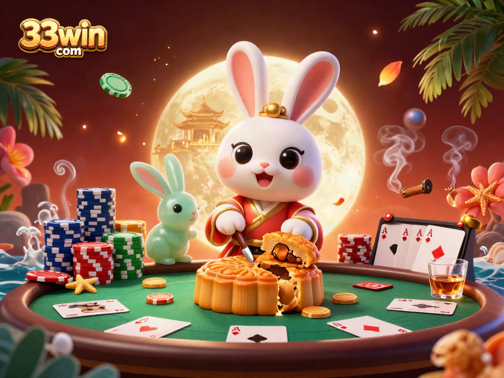 Engage in exciting poker at 33win com with vibrant moonlit illustrations of classic games and winnings.