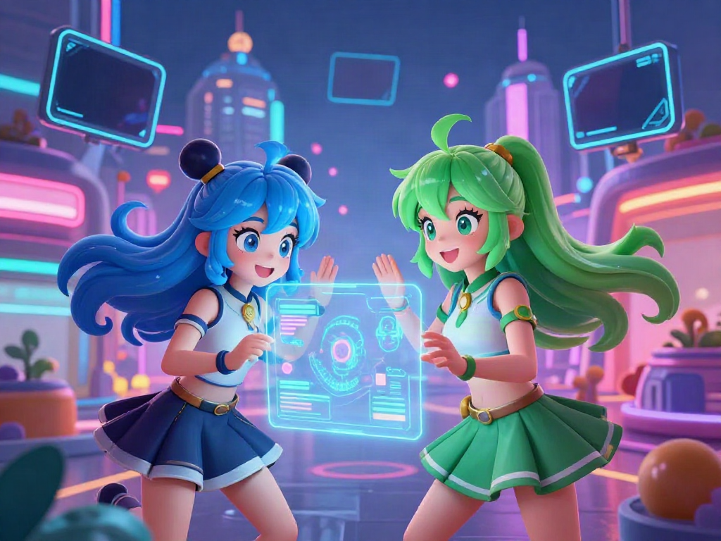 AI-generated futa ai characters interacting in a vibrant virtual world filled with neon lights and holographic interfaces.