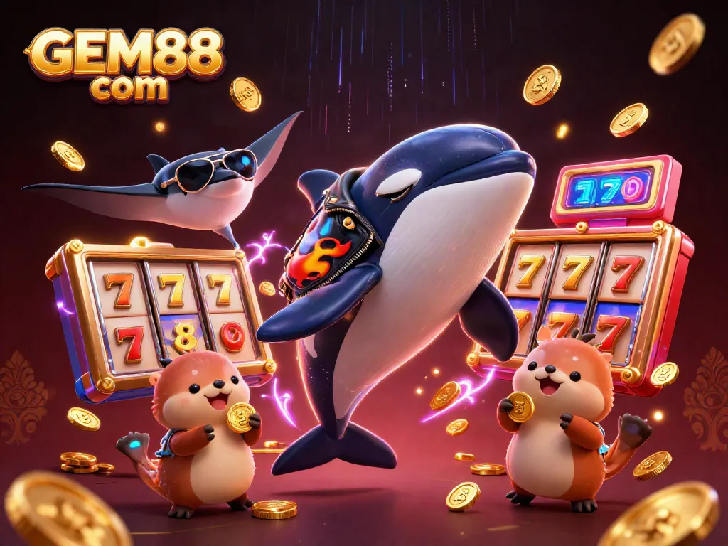 Experience the excitement of GEM88 com with a dynamic 3D casino scene featuring playful sea creatures and slot elements.