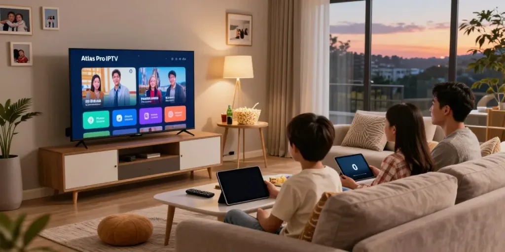 Expérience familiale avec l'application atlas pro iptv dans un salon moderne et chaleureux.