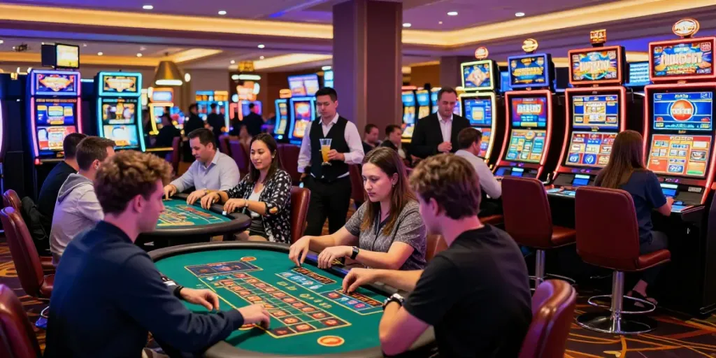 Scène dynamique au Dragonia Casino France https://studiobarw.com/ avec des joueurs profitant des machines à sous et des jeux en direct.