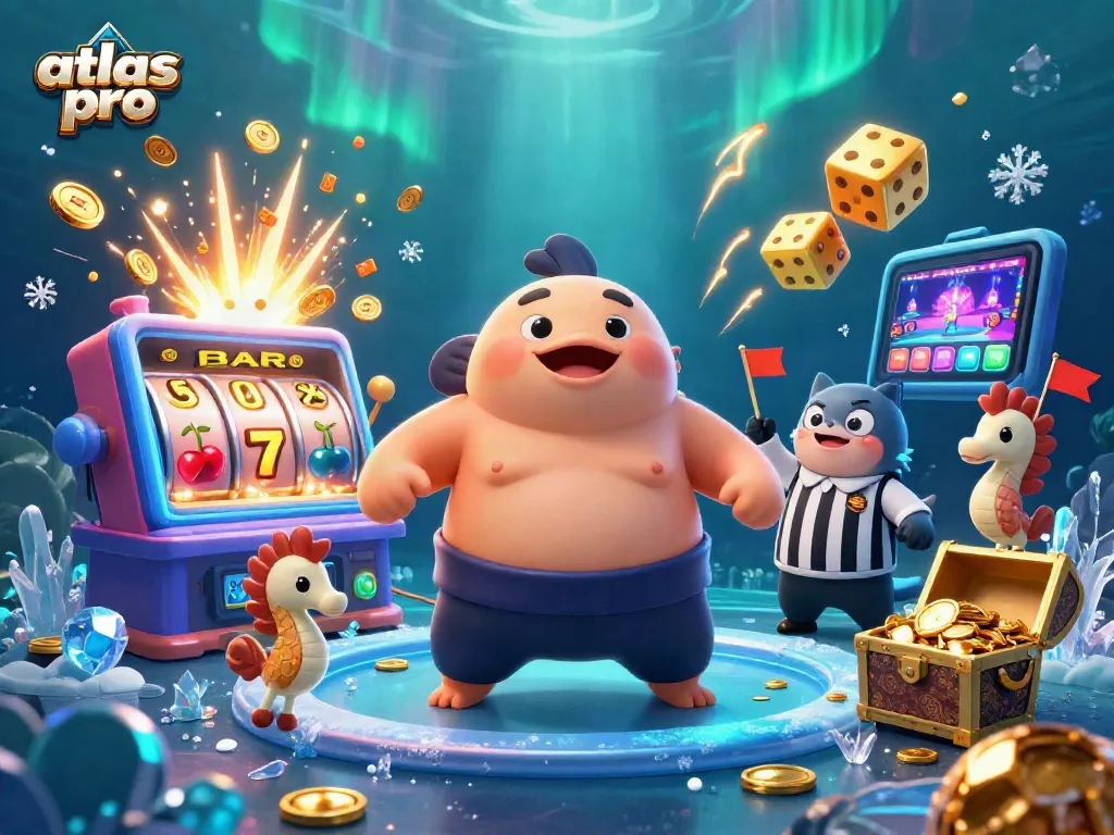 Atlas Pro offre une expérience de jeu avec un poisson-globe en scène sous-marine, symboles de casino flottants.