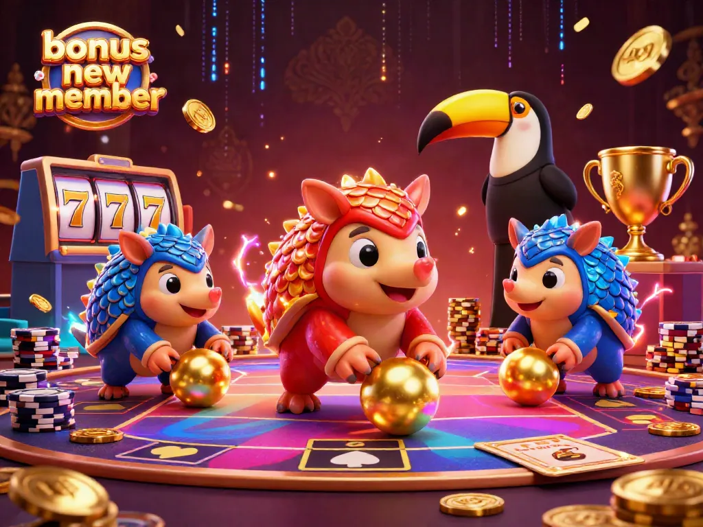 Engage with the thrilling world of slots through the bonus new member program, featuring dynamic pangolins and animated casino elements.