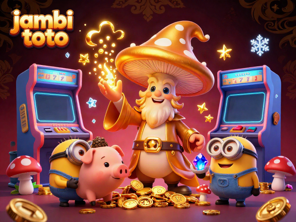 Experience the excitement of jambi toto with a golden mushroom wizard and treasure-filled 3D gaming scene.