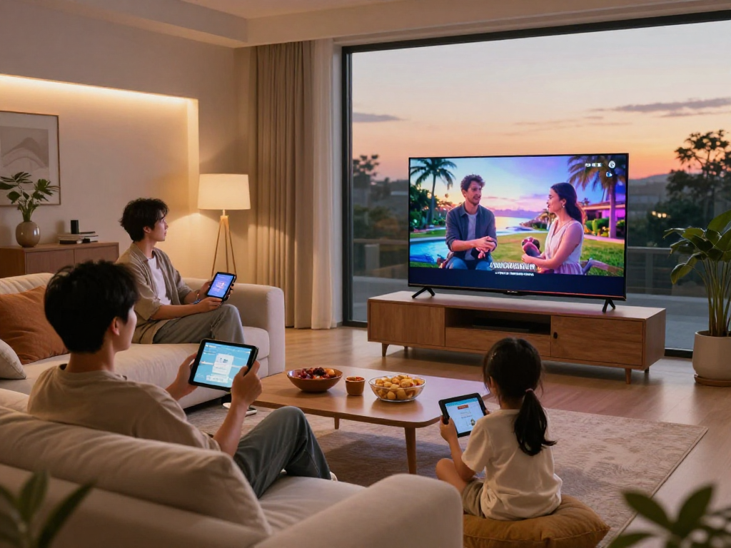 Famille profitant du streaming avec Iron tv pro sur grand écran dans un salon confortable.