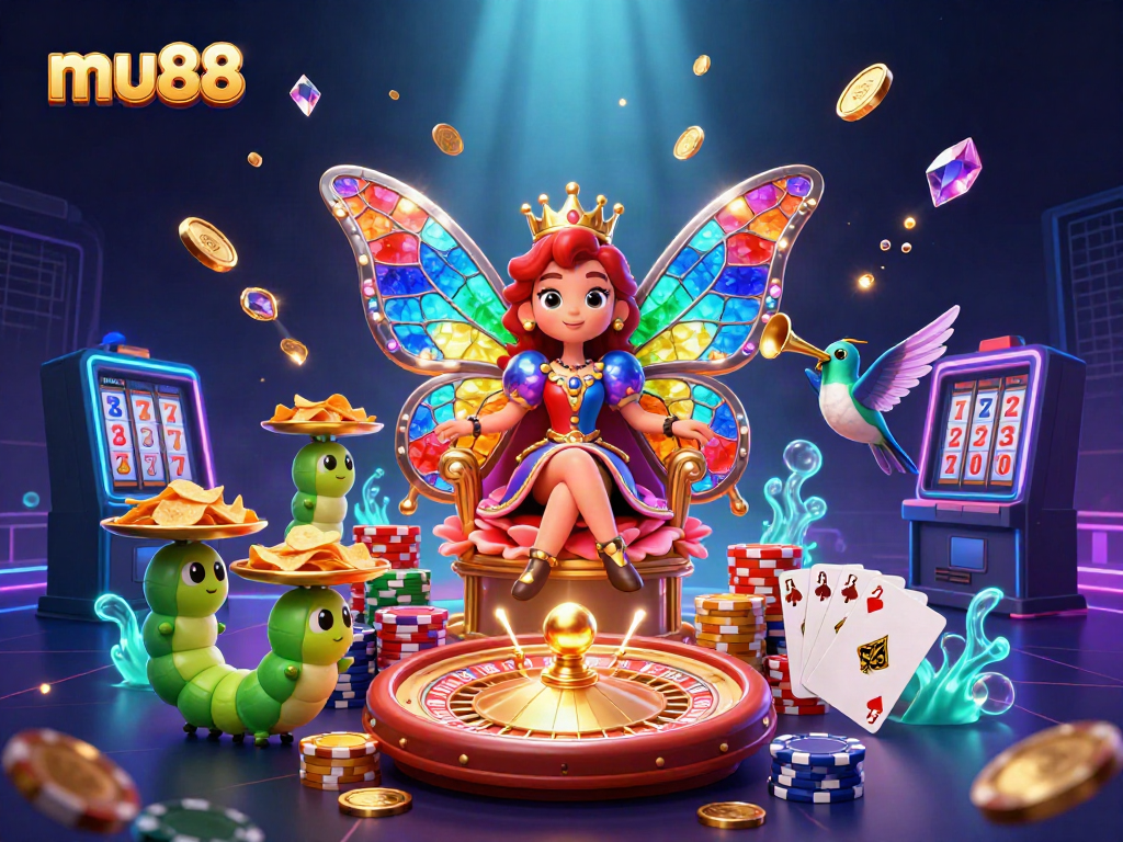 Experience fun gameplay at mu88 with a magical 3D casino scene featuring a butterfly queen and vibrant gaming elements.