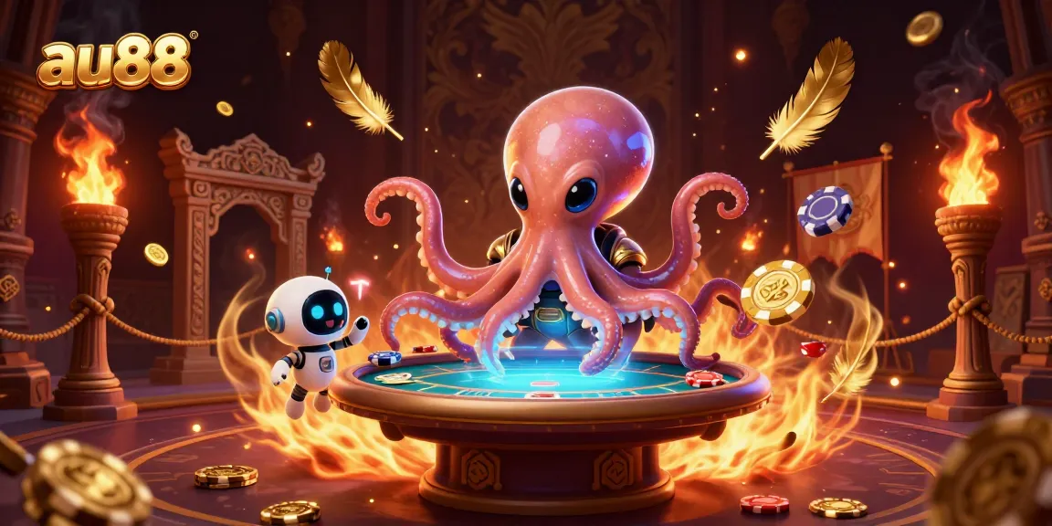 au88 showcases a vibrant 3D scene with an alien octopus at a floating poker table, emphasizing excitement and engagement.