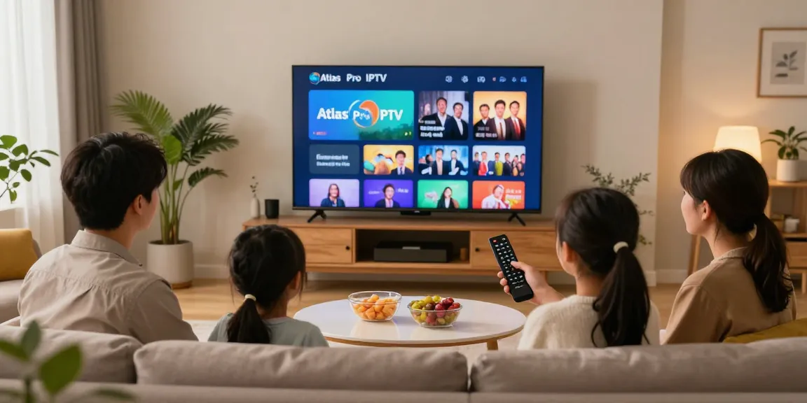 Service IPTV Atlas Pro en famille dans un salon moderne, écran affichant des films et séries.