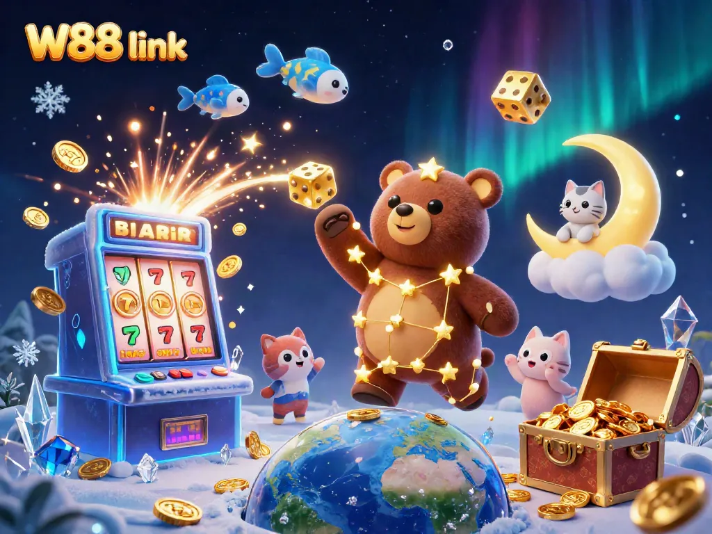 Experience the thrill of the W88 link, where a constellation bear scoops coins amidst a bustling casino.