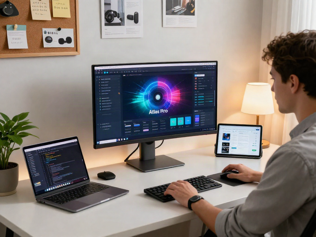 Espace de travail moderne avec une interface d'Atlas pro ontv sur un écran incurvé, créant une ambiance inspirante.