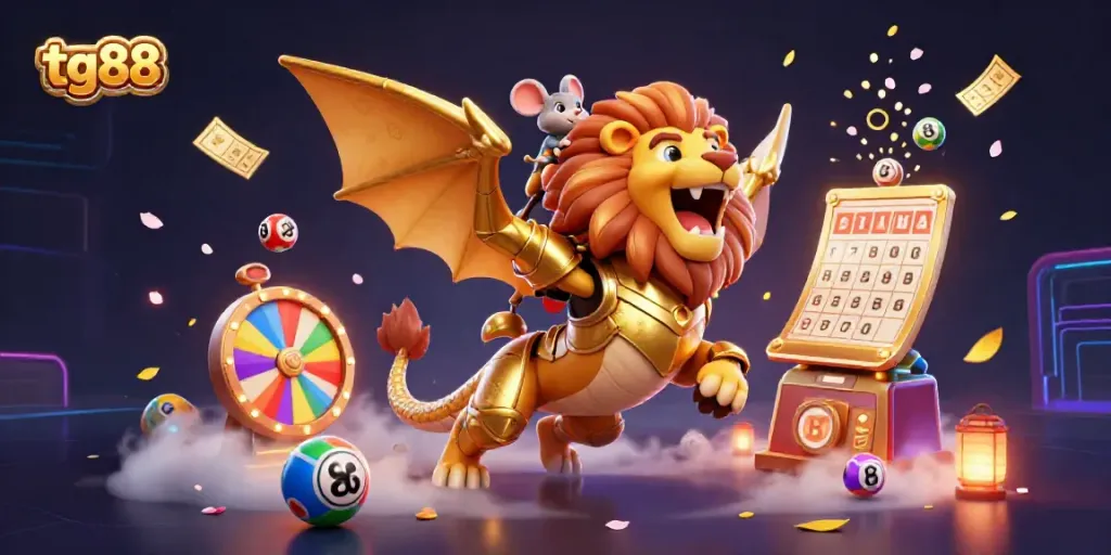 Engage with the thrilling tg88 experience in this vibrant 3D casino scene with a chimera character and dynamic gaming elements.