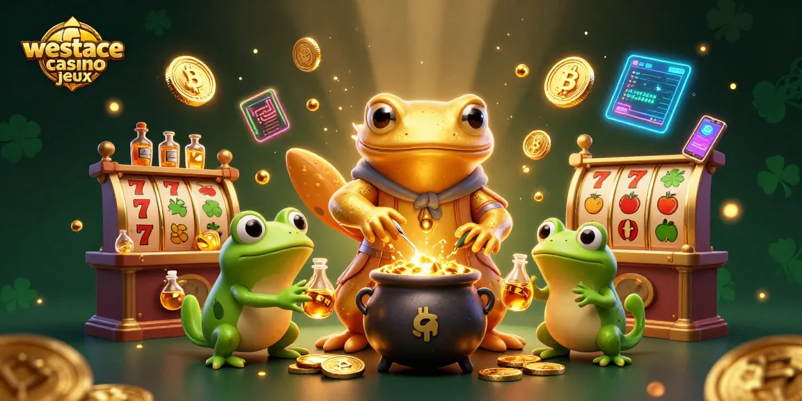 Exploration des jeux de casino Westace avec un décor de machines à sous et de serpents alchimiques.