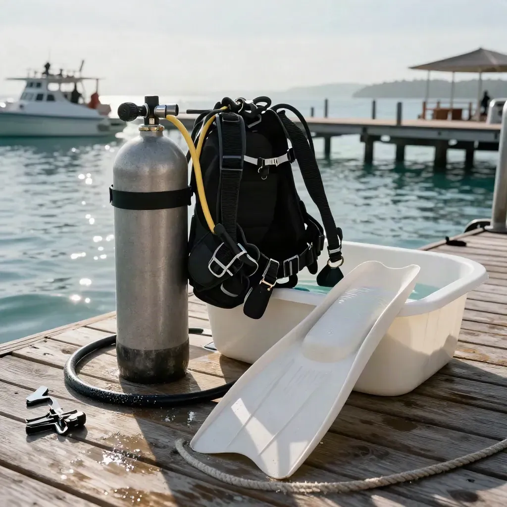 Bloc, stab pliée, palmes et bac de rinçage sur un quai de plongée avant un cours Open Water.
