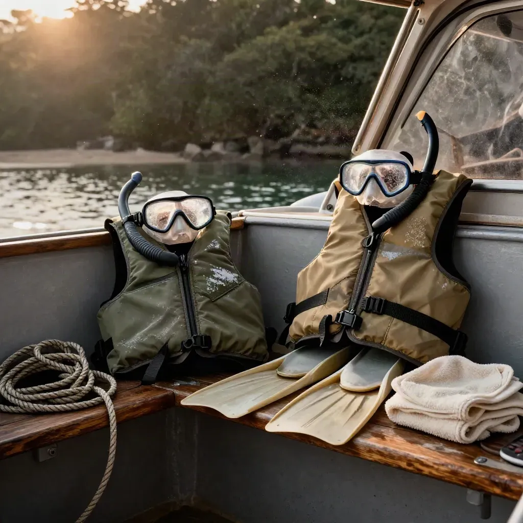 Équipement de snorkeling familial posé sur un banc de bateau, prêt à embarquer au crépuscule.