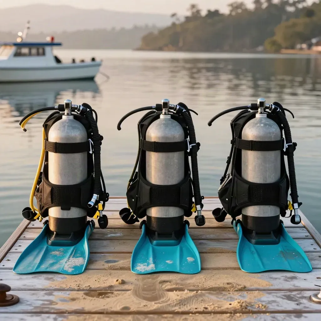 Trois ensembles de plongée prêts sur un quai, face à un lagon au lever du jour.