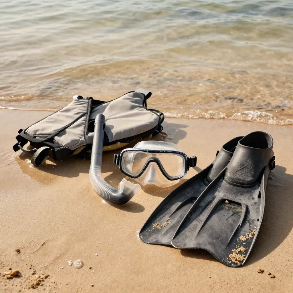 Gilets, masques, tuba et palmes alignés au bord d’un lagon peu profond