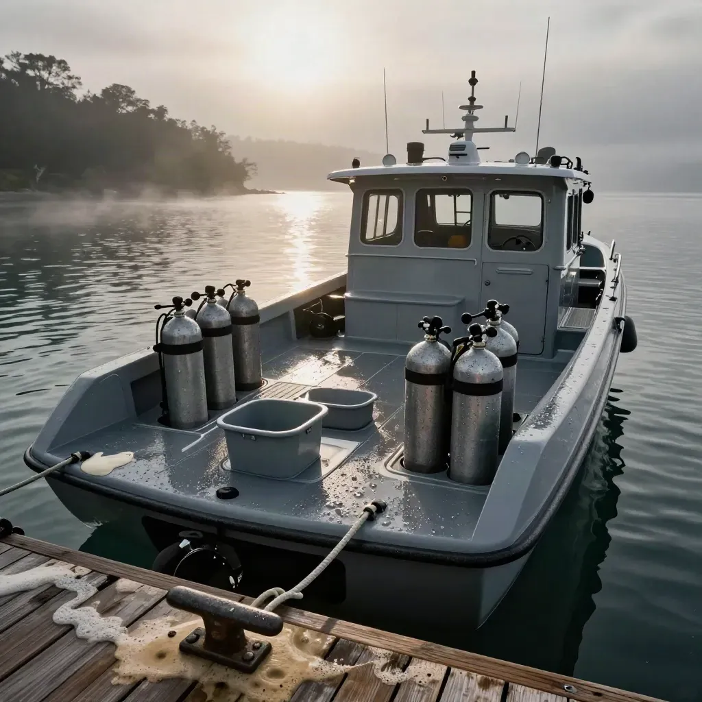 Bateau de plongée amarré, blocs alignés, bacs de rinçage et amarres humides au quai.
