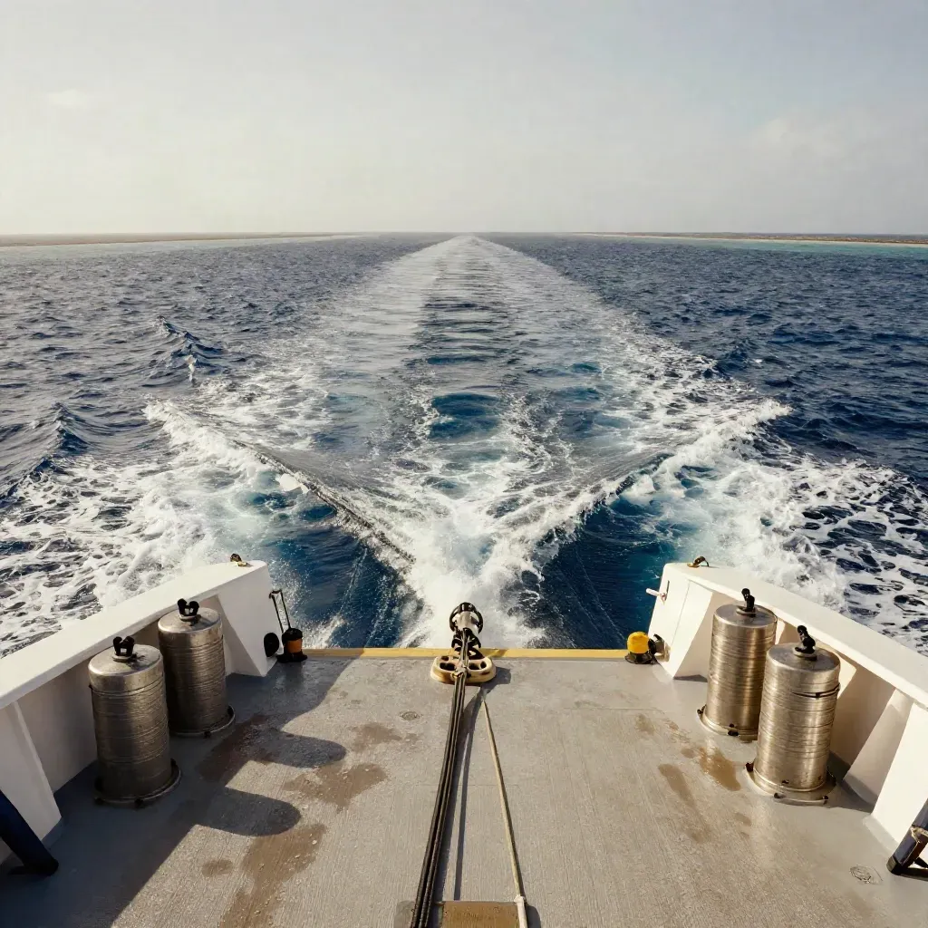 Bateau de plongée prêt au départ à Fakarava, avec blocs et chenal bleu.