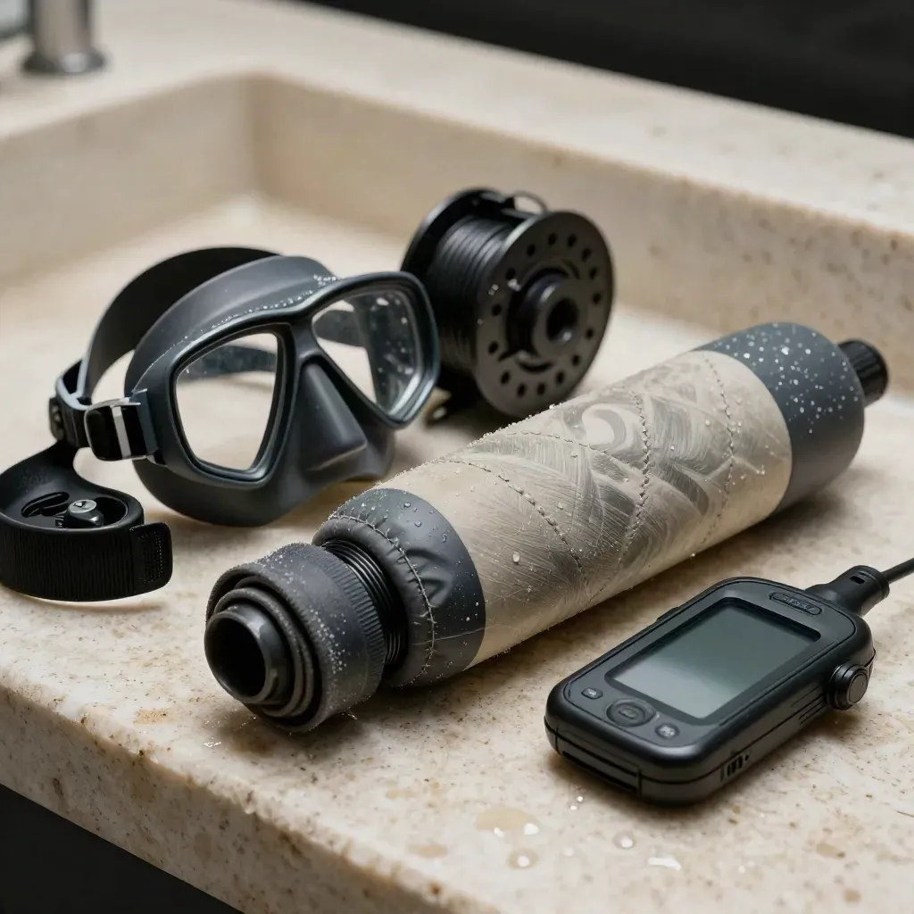Kit de secours de plongée sur travertin: masque, bouée compacte, moulinet et ordinateur éteint.