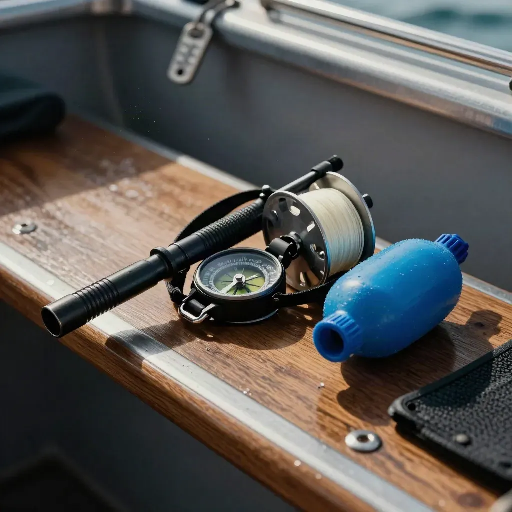 Boussole de poignet, lampe étanche, dévidoir et mini bouée marker sur banc de bateau.