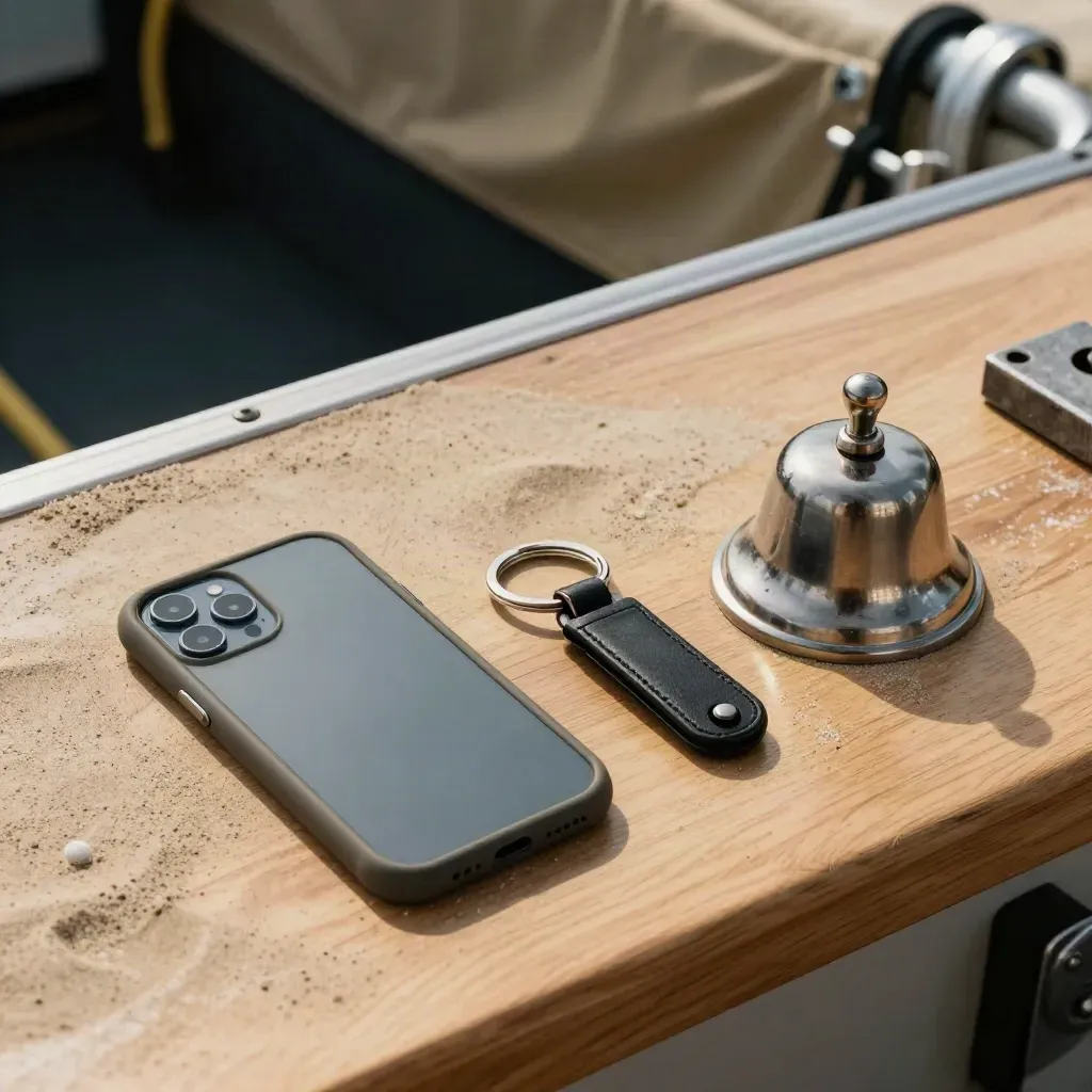 Téléphone, clés de bateau, cloche et tampon métal sur comptoir sable d’accueil.
