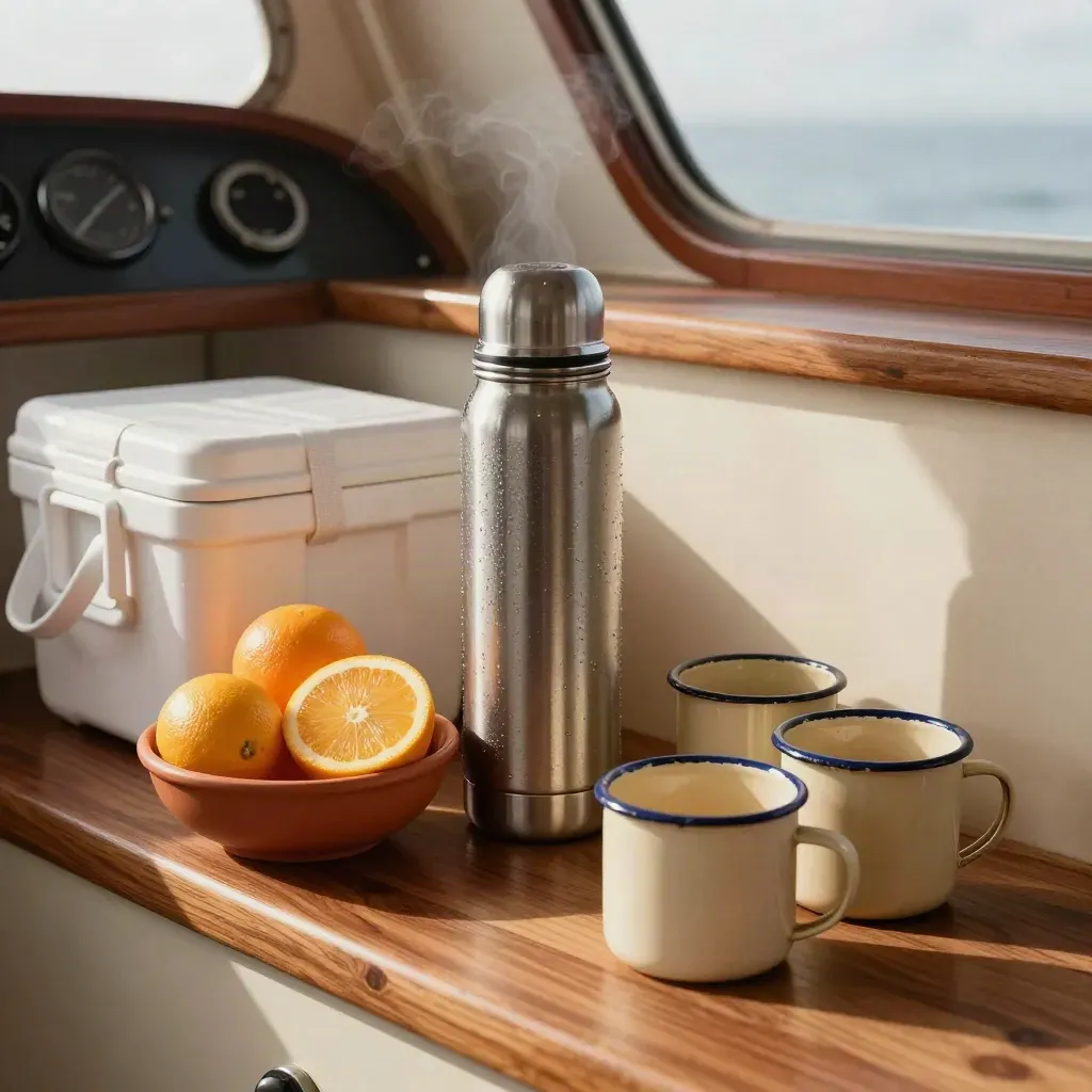 Thermos, glacière sanglée, agrumes et tasses émaillées dans une cuisine de bateau