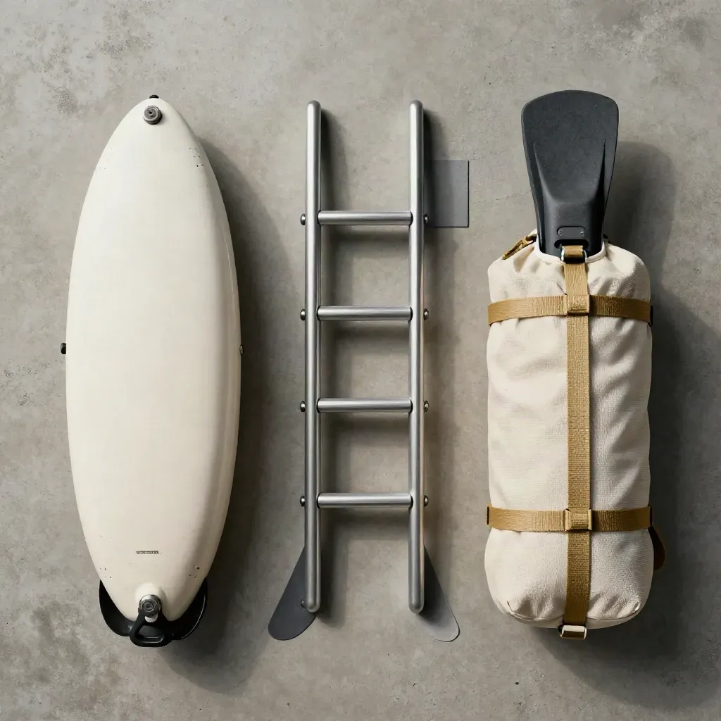 Bouée de palier, échelle mini, palmes et sac filet sur béton mat.