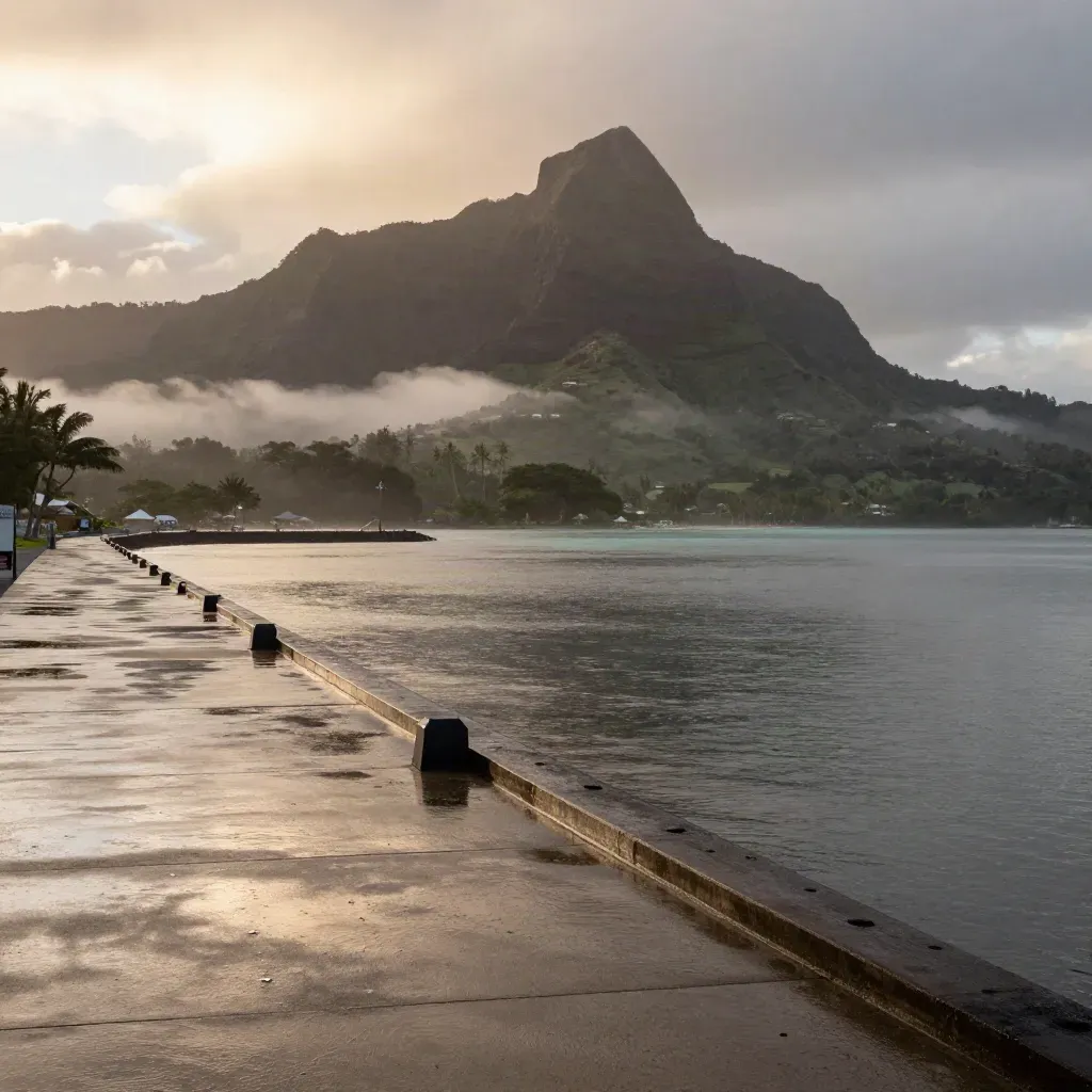 Vue matinale de Tahiti : rade calme, quai mouillé et montagne sombre sous les nuages bas.