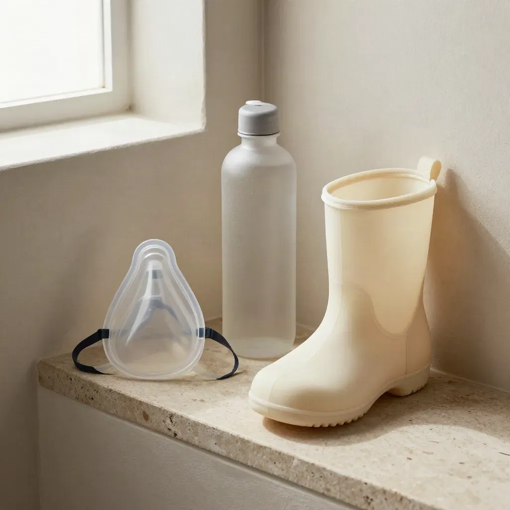 Trousse de secours marine, masque de poche, eau et chausson néoprène sur niche claire.