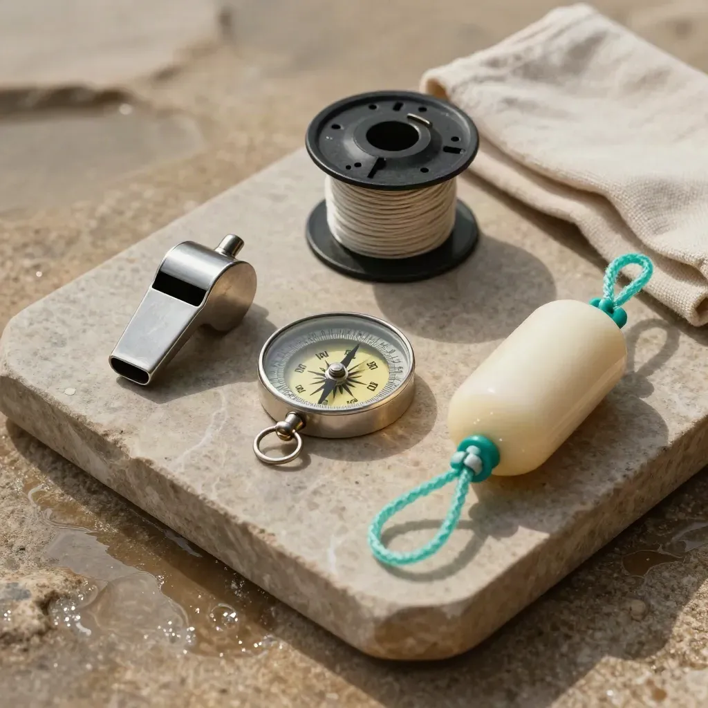 Boussole, sifflet, spool et mini bouée sur plateau de pierre, lumière douce et accent turquoise.