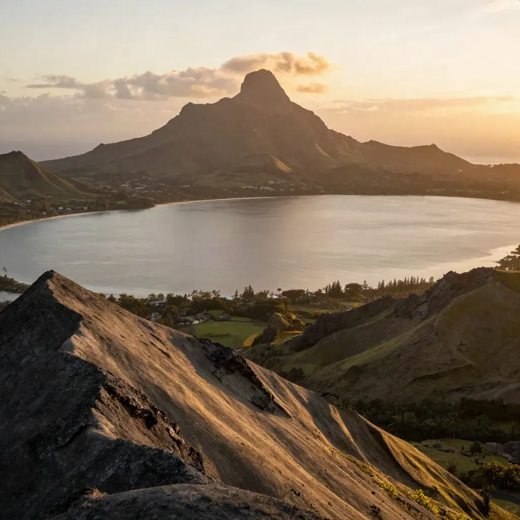 Panorama de Moorea depuis une crête, lagon doré et reliefs volcaniques au soleil couchant.