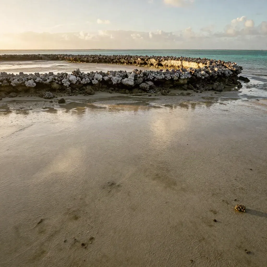 Lagune des Tuamotu à marée basse, motu corallien et passe turquoise sous lumière de fin de jour.