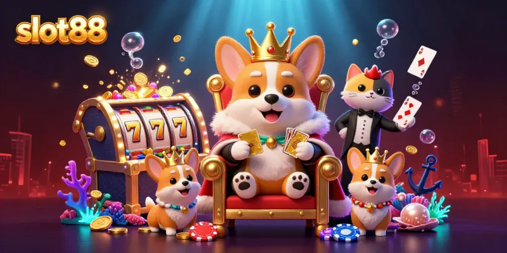 Experience the excitement of slot88 with a royal corgi and a gaming adventure.