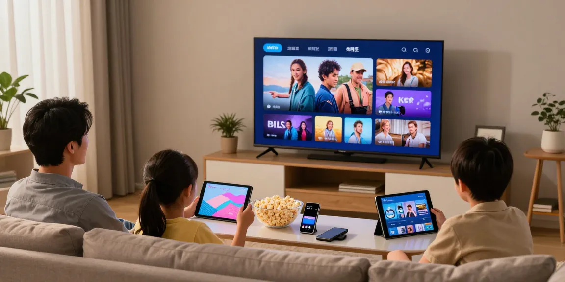Abonnement Atlas Pro, famille profitant de l'IPTV sur TV et tablettes dans un salon confortable
