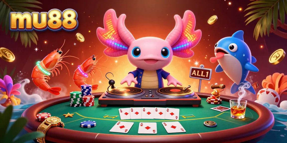 Experience the vibrant energy at mu88, featuring a neon-colored axolotl DJ and lively gambling atmosphere.