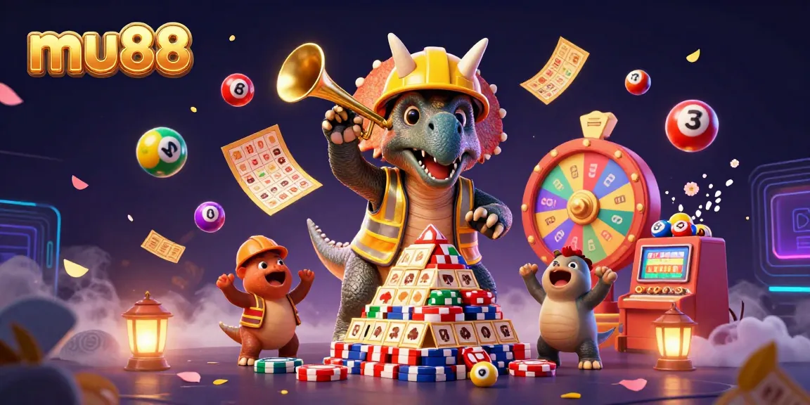 Exciting mu88 casino illustration with animated characters celebrating gaming wins surrounded by colorful elements.