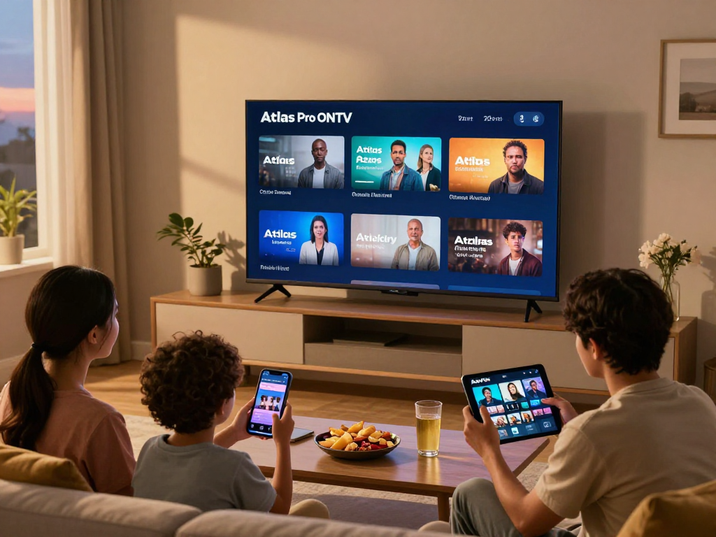 Une famille profitant d'Atlas pro ontv dans un salon moderne avec un grand écran, smartphones et collations.