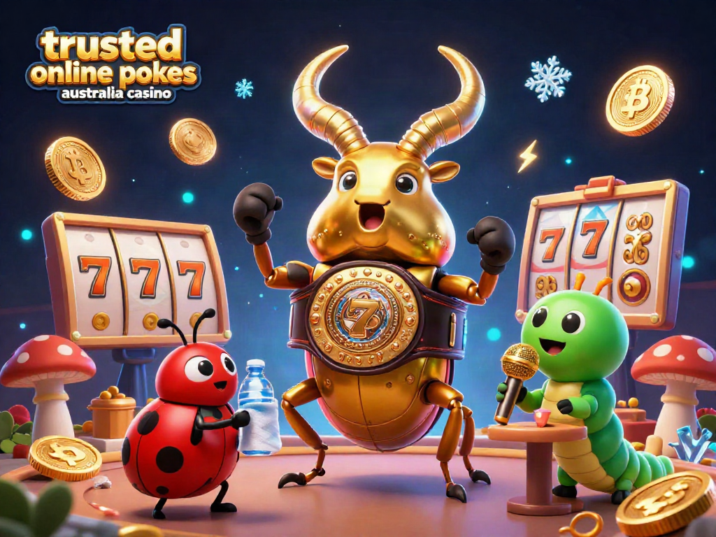 Experience thrilling action with trusted online pokies australia casino in vibrant 3D illustration featuring a golden stag beetle and slot reels.