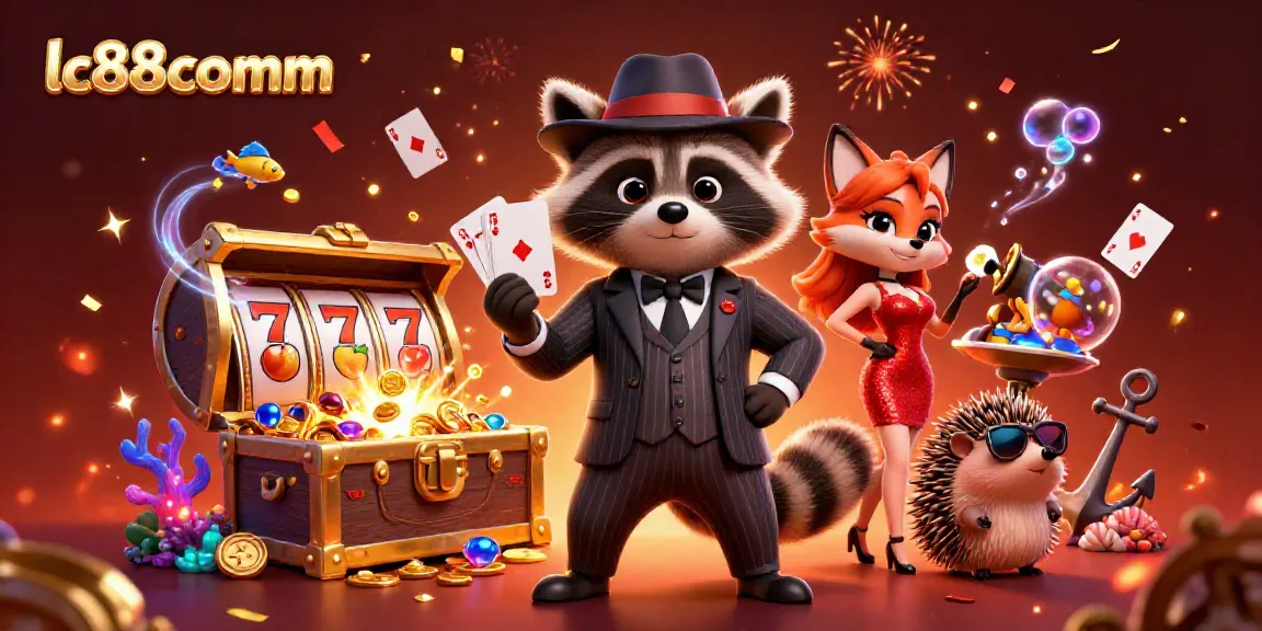 Experience the thrill at lc88comm with a raccoon holding a royal flush amidst vibrant casino elements.